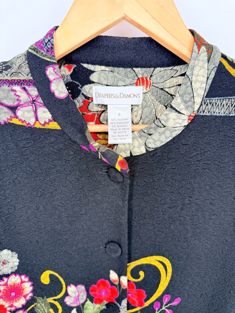 Drapers & Damons Floral Art Jacket Small Black Asian Peony Topper Boho Retro EUC - Picture 7 of 10